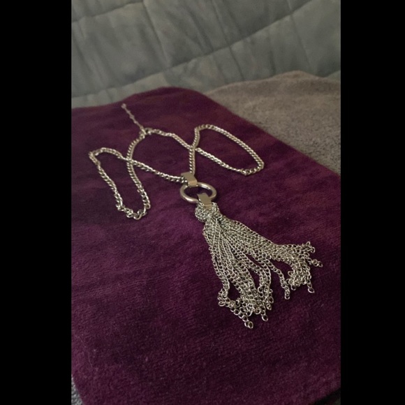 Silver Chain Tassle Long Necklace with Rhinestone Clasps and Heart Clasp - Picture 3 of 11